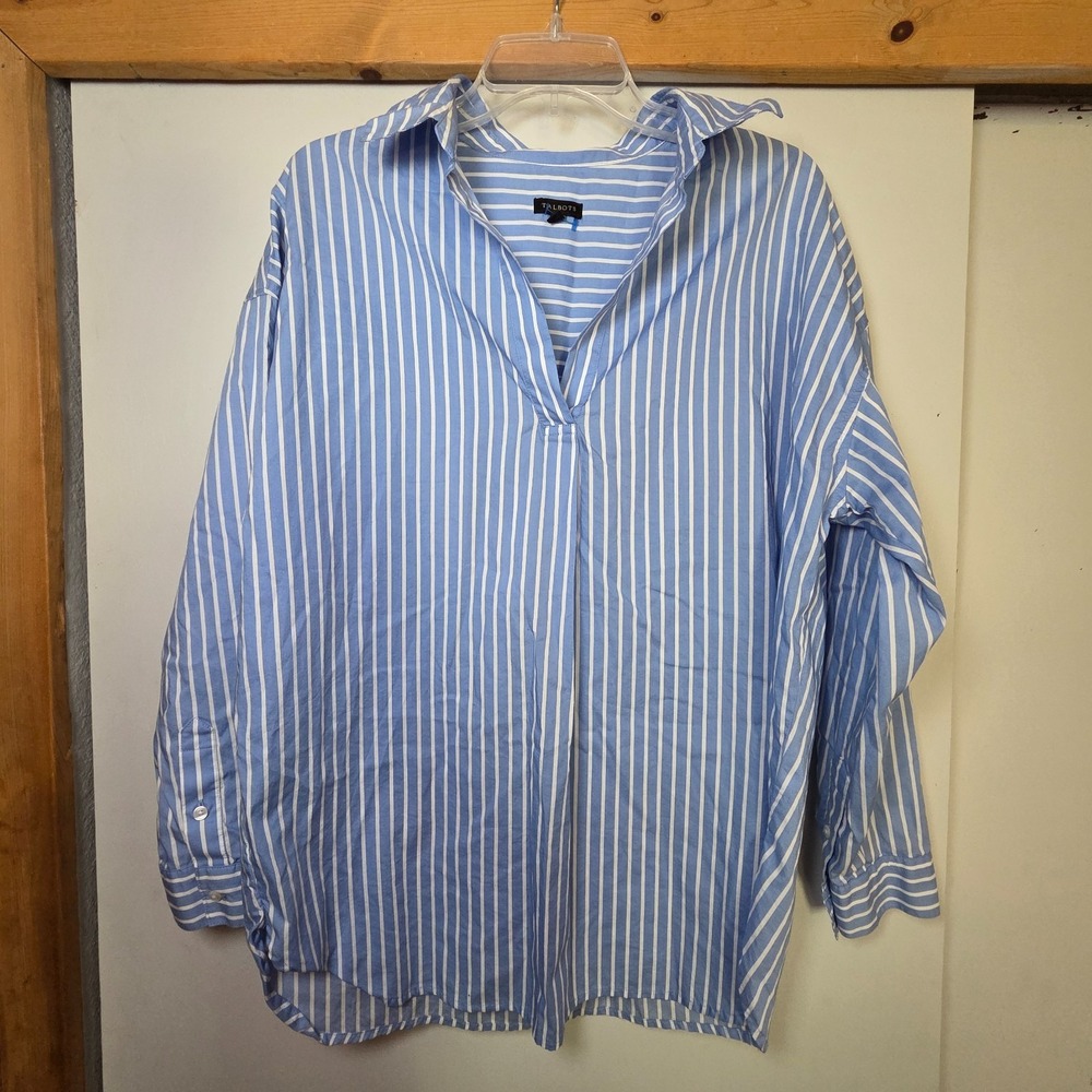 Talbots Womens Blue Top 100% Cotton Size M Blouse Coastal Beach Nautical Stripes